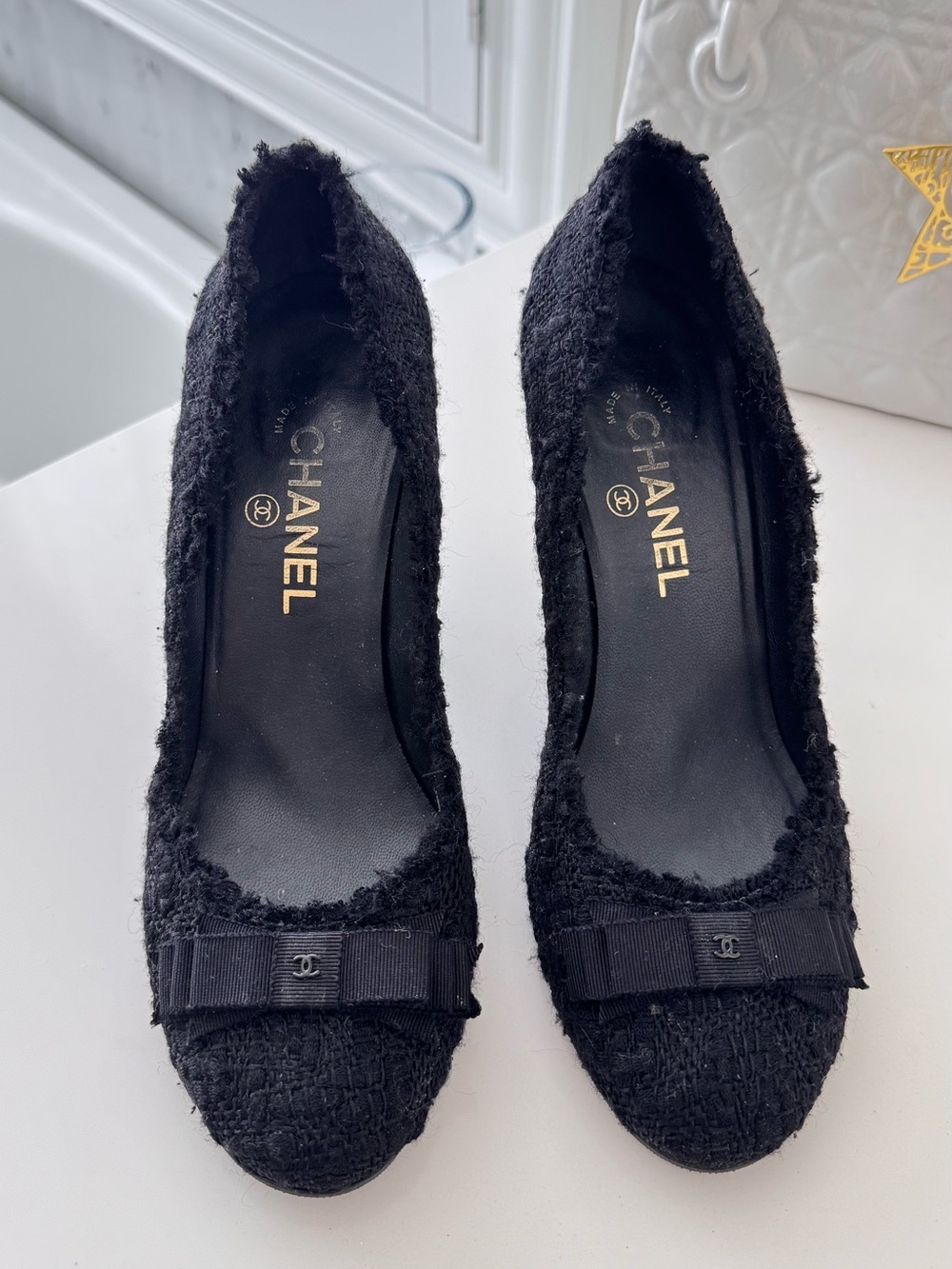 CHANEL Frayed Tweed Bow Pumps